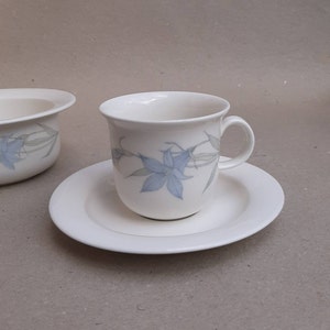 May include: A white teacup and saucer set with a floral design. The teacup has a handle and sits on a matching saucer. The floral design features blue and gray flowers and leaves.