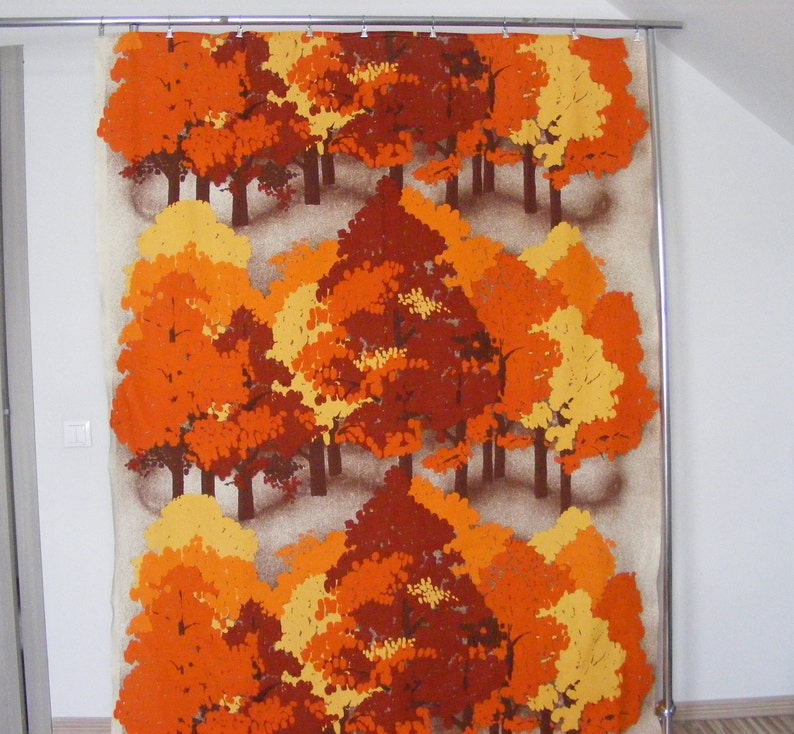 Retro Scandinavian autumn forest trees orange brown cotton fabric curtain panel High quality vintage fabric design from Scandinavia