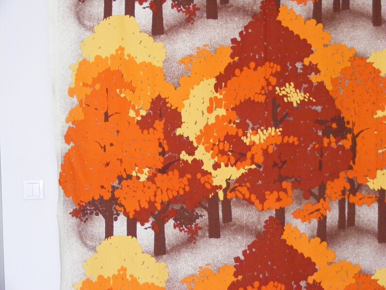 Retro Scandinavian autumn forest trees orange brown cotton fabric curtain panel High quality vintage fabric design from Scandinavia