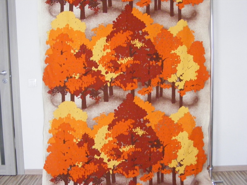 Retro Scandinavian autumn forest trees orange brown cotton fabric curtain panel High quality vintage fabric design from Scandinavia