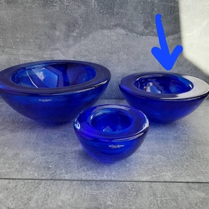 Atoll Bowl by Kosta Boda. Design Anna Ehrner. Art Glass Atoll Blue Swirl Votive Candle Holder. Vintage art glass