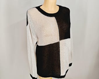 Womens MARIMEKKO Jumper Black White Color block Sweater Knitted Cotton Pullover Round Neck Long Sleeves Jumper Size M Medium