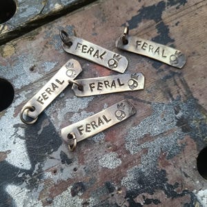 Op de afbeelding: Vijf antieke messing sleutelhangers, elk gegraveerd met het woord "FERAL" en een klein schedelontwerp.