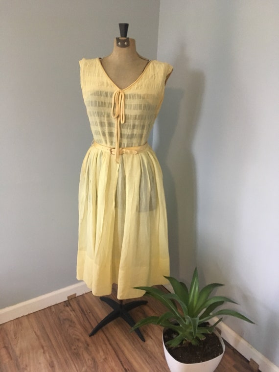 1950s Sheer Yellow Belted Dress R&K Originals