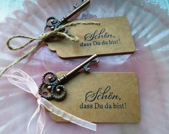 5 x wedding favors, baptism, communion bottle opener key gift tags