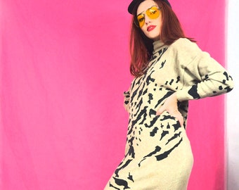 Knitted Maxi Dress 1970's Fashion Women's Vintage Clothing Long Sleeve Animal Print Thrift Clothes 60's 80's Glam Rock Beige and Black M/L