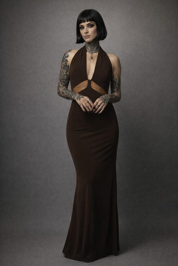 urban outfitters brown gingham dress Plus Brown Slinky Knot Detail Ruched Maxi Dress – Dassah Beauty main image 0