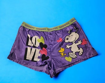 SNOOPY Vintage boxers 1990s Gift for him Valentine's day surprise silky women's Pjs unisex purple green buttons