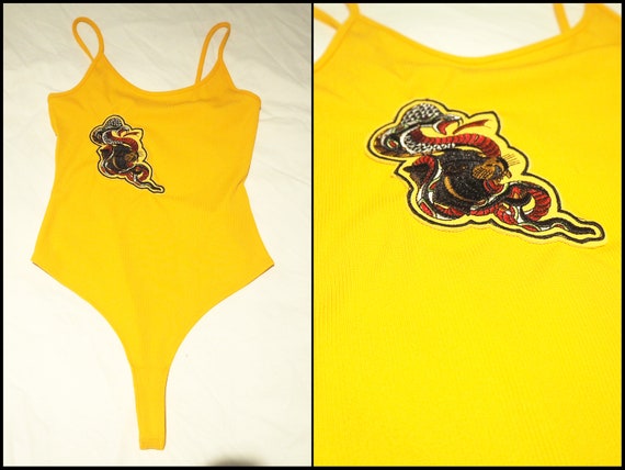 Yellow Ribbed Bodysuit Snake Panther Patch 70's P… - image 3