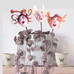 Handmade Ceramic Plant Pot Chums Faces on Sticks Quirky Indoor Plant Decor