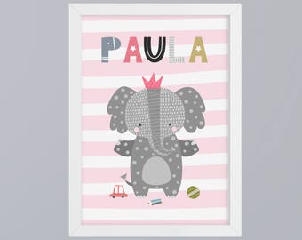 Cuddly elephant with name - art print optionally with frame