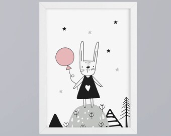 Bunny with balloon art print without frame