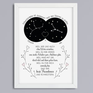 Art print sisters zodiac sign personalized gift for best sister optional with frame