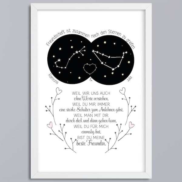 Personalisierbarer Kunstdruck "Sternbilder beste Freundin" - Ein liebevolles Geschenk für deinen Herzensmenschen - optional mit Rahmen