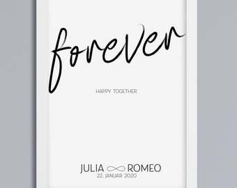 Jahrestag Geschenk zur Hochzeit Kunstdruck Hochzeitsgeschenk personalisiertes Bild Traumpaar Forever Happy Together optional mit Rahmen