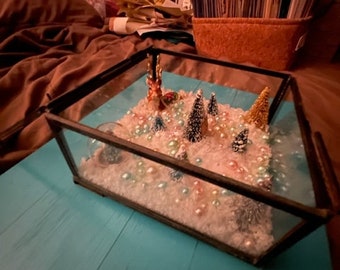 Vintage Glass Box with Mini Trees Swarovski Deer no Hole Beads and Faux Snow