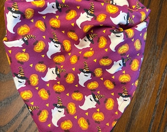 Halloween Ghosts & Pumpkins on Purple Cotton Pet Bandana/Scarf