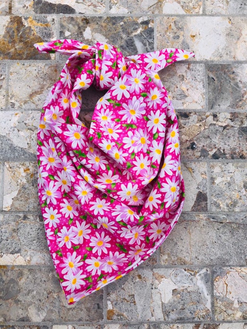 May include: A pink bandana with a white daisy print. The bandana is tied in a knot and is lying on a stone surface.