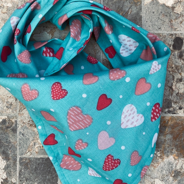 White Pink Red Hearts on Teal Aqua Valentine's Day Cotton Pet Bandana/Scarf