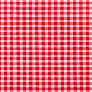 May include: Red and white checkered fabric with a repeating pattern of squares.