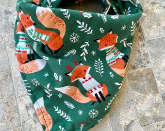 Holiday Sweater Orange Fox on Green Flannel Cotton Pet Bandana/Scarf