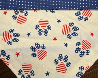 Patriotic Red White & Blue Paws on White Cotton Pet Bandana/Scarf