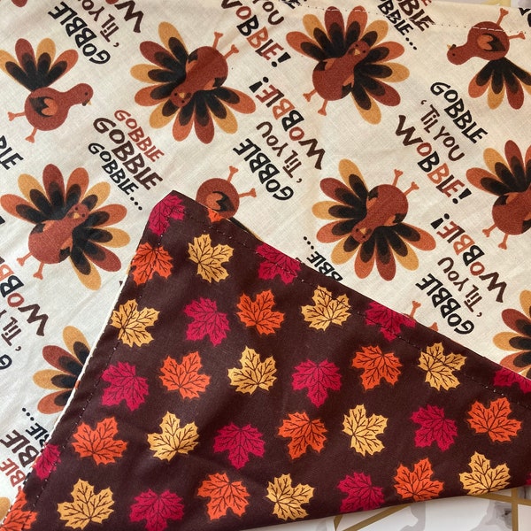 Thanksgiving Turkey Gobble Wobble & Harvest Leaves on Brown Cotton Pet Bandana/Scarf