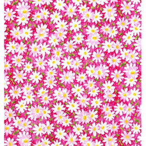 May include: A pink fabric with a white daisy pattern. The daisies have yellow centers and green leaves. The background is a solid pink with white polka dots.