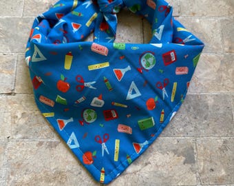 Back To School Supplies on Blue Cotton Pet Bandana/Scarf