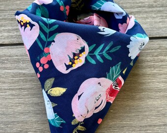 Pink Pastel Peonies Floral on Blue Cotton Pet Bandana/Scarf