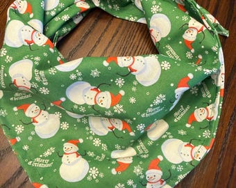 Holiday “Merry Christmas” Snowman on Green Cotton Pet Bandana/Scarf