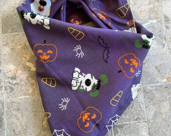 Halloween-Hundehalstuch Mit Geister-Applikation – Lila Baumwoll-Schal Für Kleine Bis Große Hunde