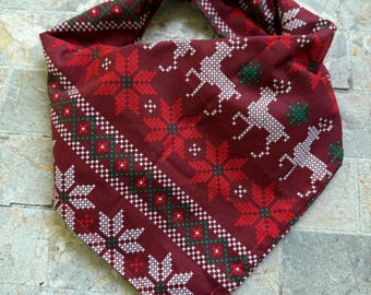 Red & White Reindeer Fair Isle Stripe Winter Holiday Cotton Dog Bandana