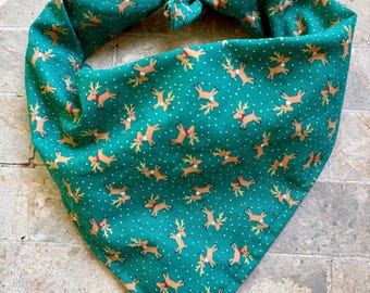 Holiday Christmas Reindeer on Green Cotton Pet Bandana/Scarf