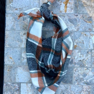Fall Plaid Burnt Orange, Ivory Black Striped Flannel Pet Bandana/Scarf