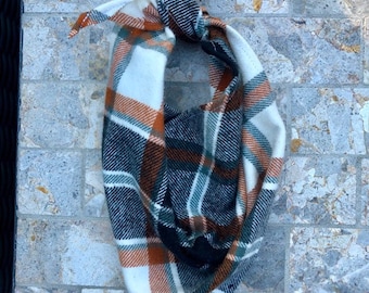 Fall Plaid Burnt Orange, Ivory Black Striped Flannel Pet Bandana/Scarf