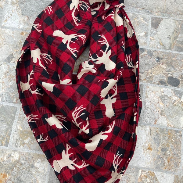 White Stags Deer Head on Red Black Buffalo Check Cotton Holiday Pet Bandana/Scarf