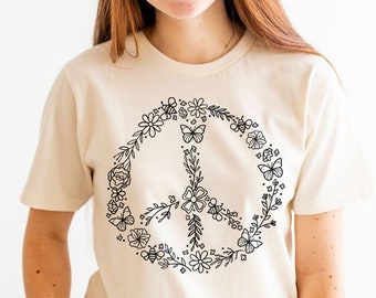 Peace Sign Tee for Women, Flower Shirt, Gift for Hippie, Bee Shirt, Womens Flower Tee, Pollinator Shirt for Women, Butterfly Graphic Tshirt