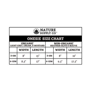 May include: Onesies size chart for organic and non-organic fabrics. The chart shows the width and length in inches for sizes 3-6 months and 6-12 months.