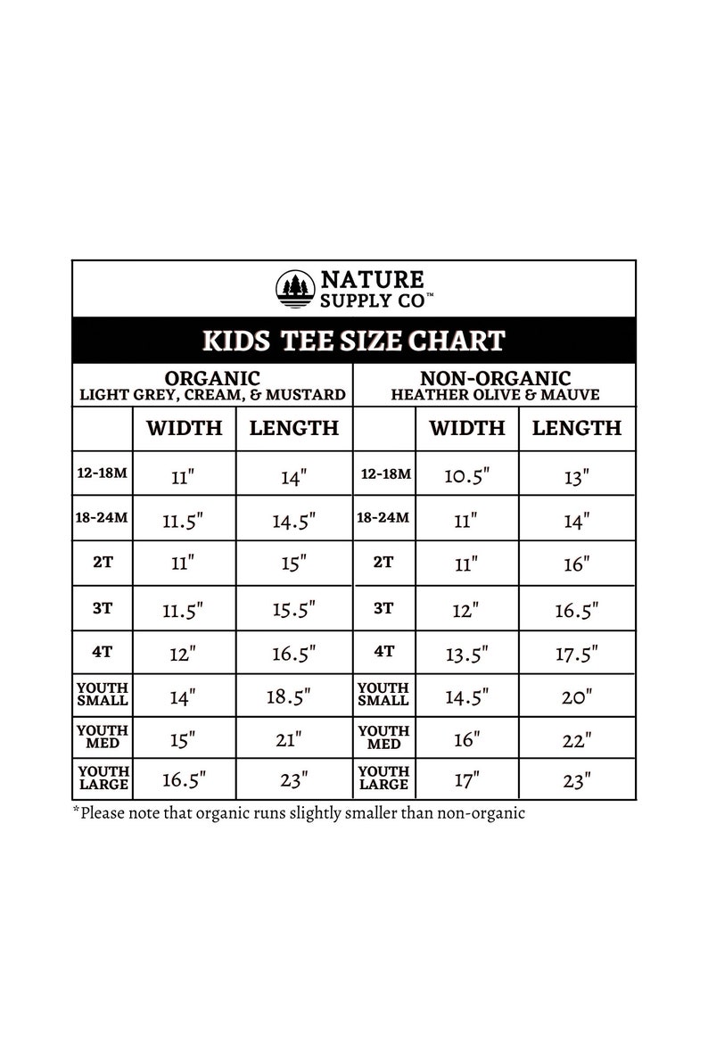 Puede incluir: Tabla de tallas de camisetas para ni&ntilde;os, en versi&oacute;n org&aacute;nica y no org&aacute;nica. La tabla muestra las medidas de ancho y largo en pulgadas para diferentes tallas, desde 12-18 meses hasta talla juvenil. Las camisetas org&aacute;nicas est&aacute;n disponibles en gris claro, crema y mostaza, mientras que las camisetas no org&aacute;nicas est&aacute;n disponibles en verde oliva jaspeado y malva.