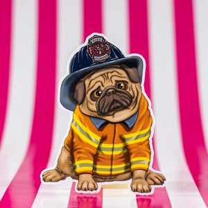 May include: A cartoon pug wearing a blue firefighter helmet with a red and yellow fire department badge and a yellow and orange firefighter uniform. The pug is sitting on a pink and white striped background.