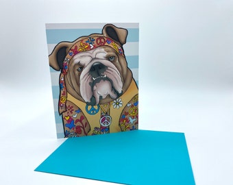 Biglietto d'auguri, biglietto per cani, biglietto divertente, carta amante degli animali, carta per gli amanti dei cani, carta bulldog inglese, biglietto hippie, pace & amore, biglietto di compleanno per cani