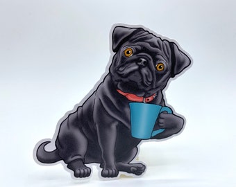 Pug Vinyl Sticker, Pug Decal Sticker, Dog Sticker, Pug Lover Sticker, Cute Sticker, Black Pug Sticker, Coffee Lover Sticker