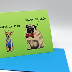 Cartão de felicitações, cartão de cachorro, cartão engraçado, cartão de amante de animais, cartão de amante de cachorro, cartão de pug, cartão de crossfit, cartão de chihuahua, cartão de comida de tacos