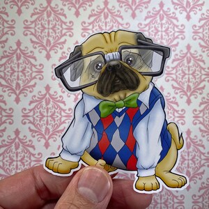 May include: A cartoon illustration of a pug wearing a blue and red argyle sweater vest, a green bow tie, and round glasses. The pug is sitting with its legs crossed and has a serious expression on its face.