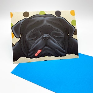 Pug Greeting Card, Dog Card, Funny Card, Animal Lover Card, Black Pug Greeting Card, Pug Lover Card, Sleeping Black Pug Polka Dots Card