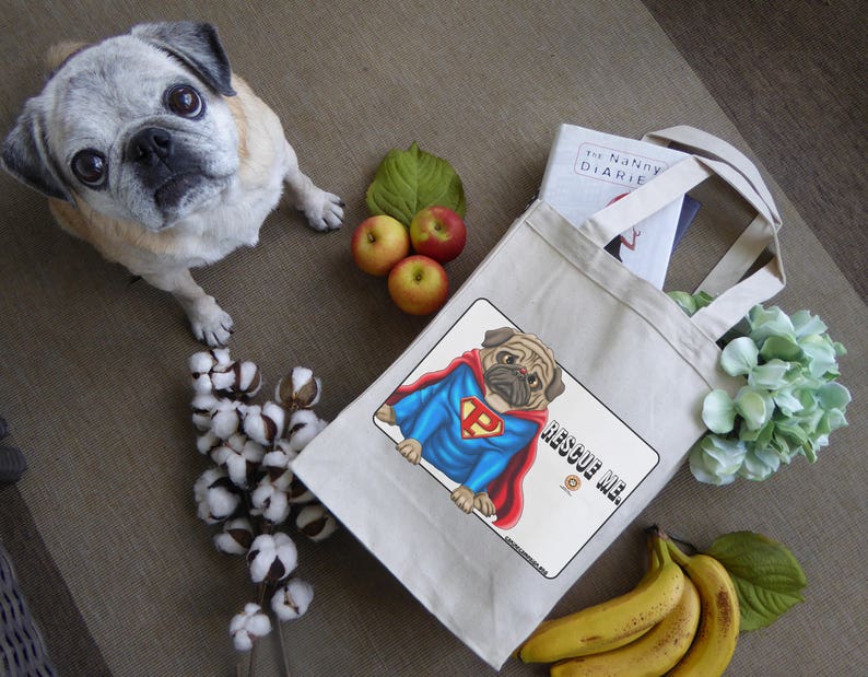 Pug Stuff Grocery Bag Shopping Bag Superhero Canvas Tote Bag Pug Bag Dog Rescue /& Adoption Animal Lover Gift Dog Lover Gift