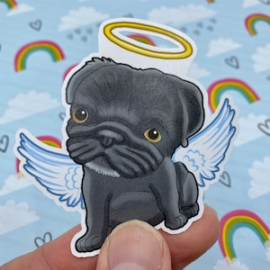 Pug Vinyl Sticker, Pug Decal Sticker, Dog Sticker, Pug Lover Sticker, Cute Sticker, Black Pug Sticker, Black Angel Pug Sticker