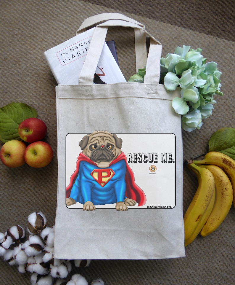 Pug Stuff Grocery Bag Shopping Bag Superhero Canvas Tote Bag Pug Bag Dog Rescue /& Adoption Animal Lover Gift Dog Lover Gift