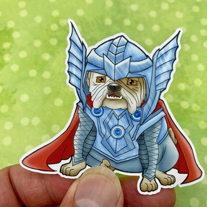 May include: A bulldog wearing a blue and silver costume with a red cape, resembling a superhero. The costume has a helmet with wings and a chest plate with a diamond pattern.